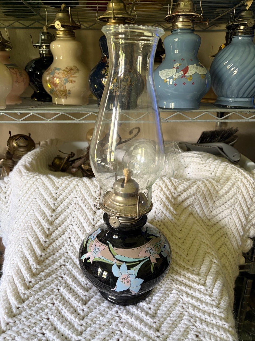 Vintage Black Kaadan Floral Glass Oil Lamp